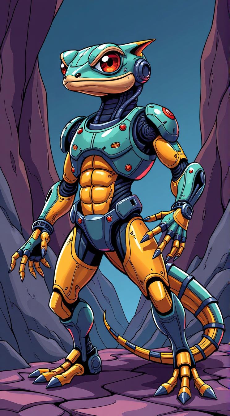sci fi, stylized by Jack Kirby, digital art, full body shot of a robotic Gecko