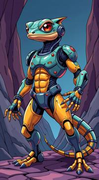 sci fi, stylized by Jack Kirby, digital art, full body shot of a robotic Gecko