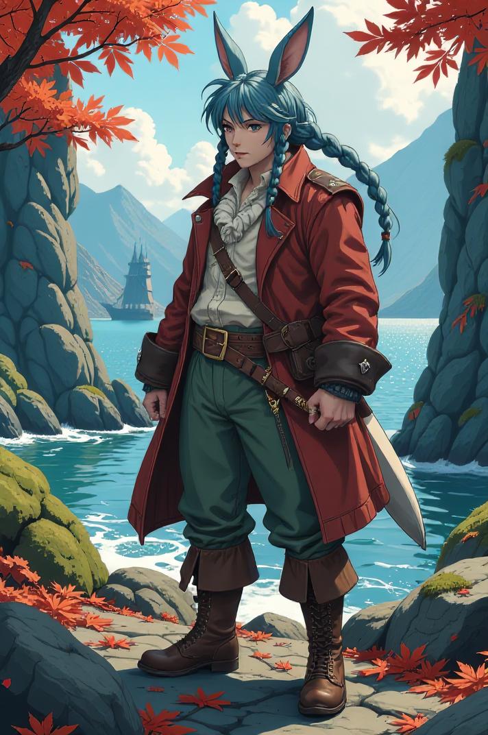 Anime style s Arctic Hare from Pirates of the Caribbean universe, Cornrows steel blue hair, autumn, shoulder level shot