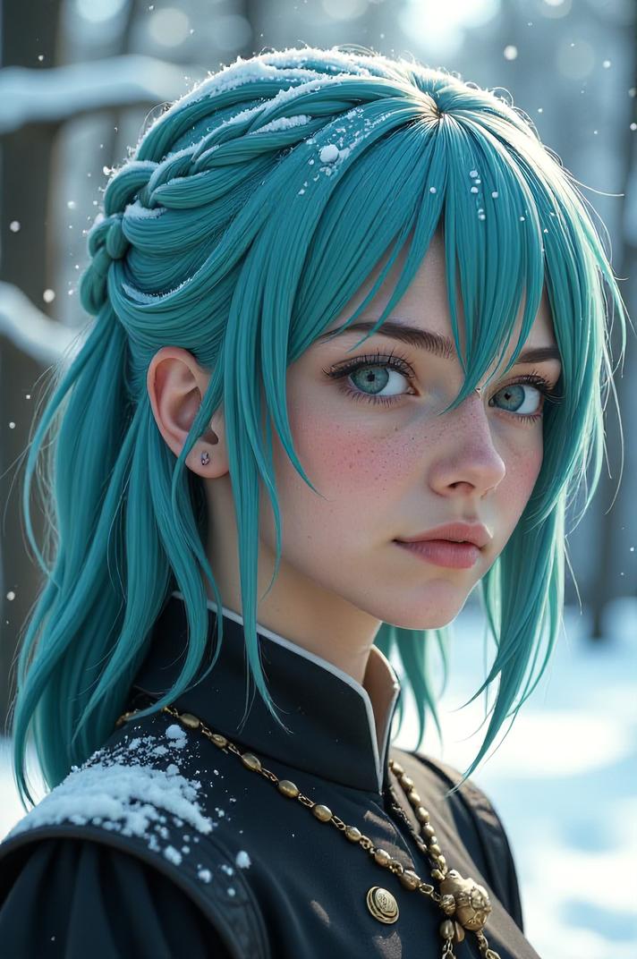 Anime style s European Corn Borer from Game of Thrones universe, Center Parting aquamarine hair, winter, high angle shot