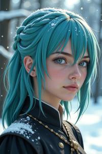 Anime style s European Corn Borer from Game of Thrones universe, Center Parting aquamarine hair, winter, high angle shot