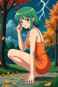 anime style masterpiece,best quality , Flat Top pine green hair, autumn