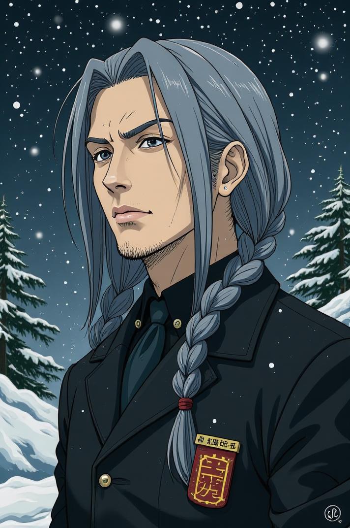 Anime style s Giant Isopod from Man in black universe, Long Braids slate grey hair, winter, shoulder level shot