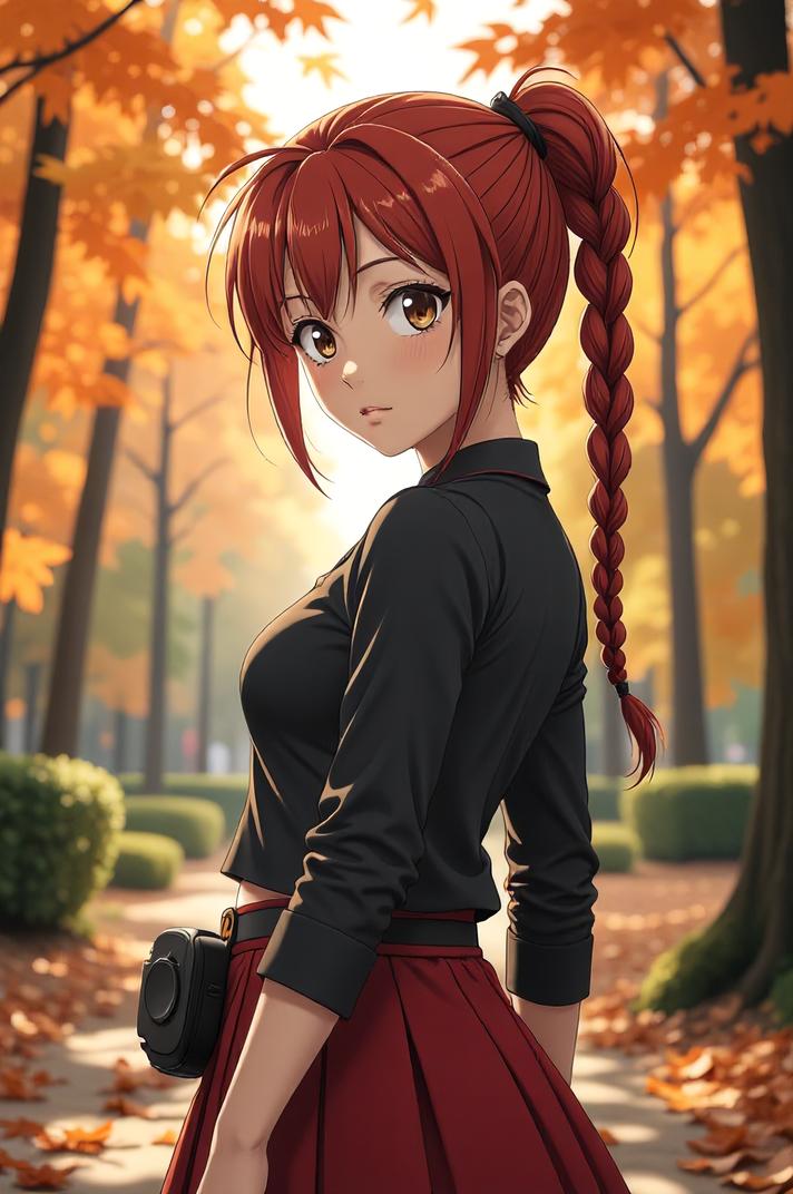 anime style masterpiece,best quality , Pony Tail Braids falu red hair, autumn