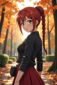 anime style masterpiece,best quality , Pony Tail Braids falu red hair, autumn