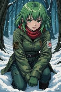Anime style s Pacific Spaghetti Eel from Resident evil universe, Over Eye Curly camouflage green hair, winter, knee level shot