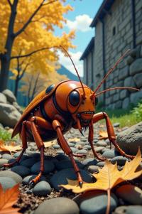 Anime style s American Cockroach from World of warcraft universe, Grungey Parted russet hair, autumn, from below shot