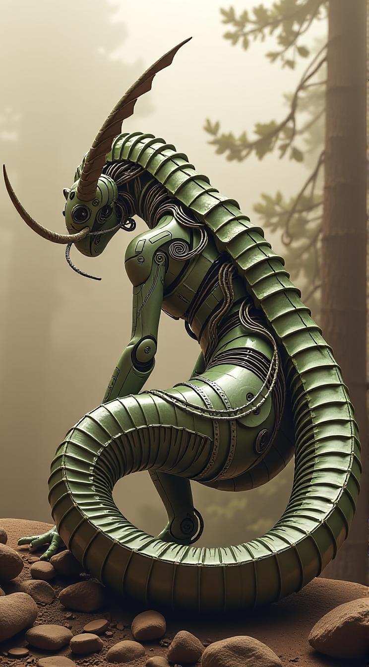 sci fi, digital art, rear angle of a robotic Spice worm , it is wearing an avant garde fashion style cybernetics