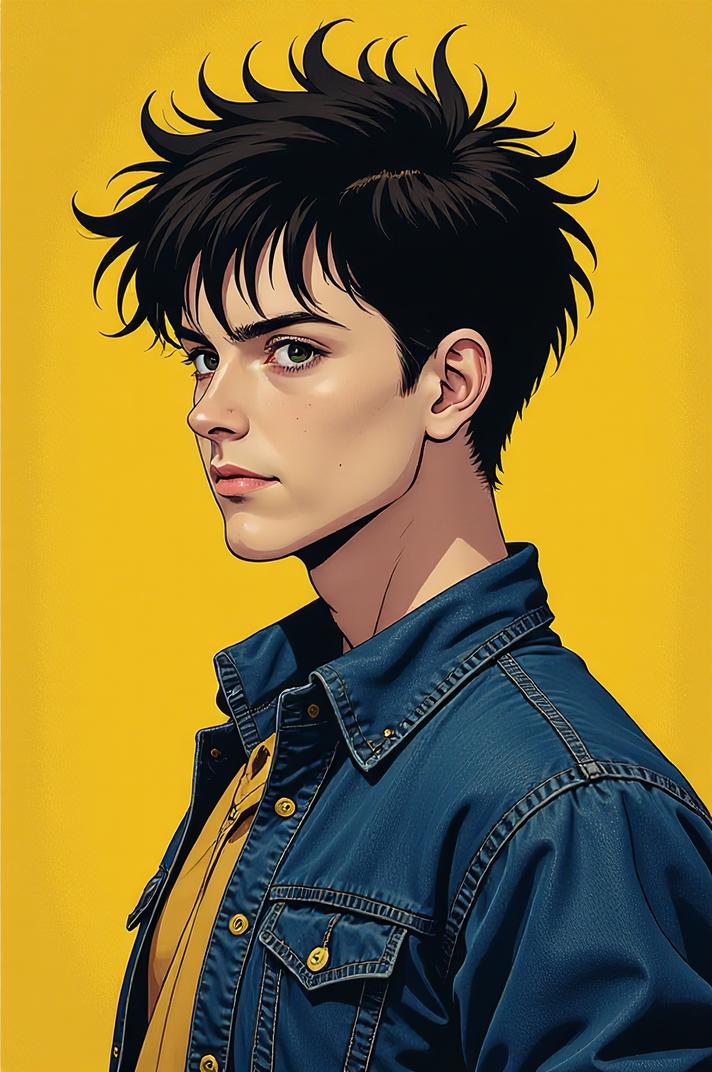 Anime style s Common Yellowthroat from Hellraiser universe, Crew Cut denim hair, spring, from above shot
