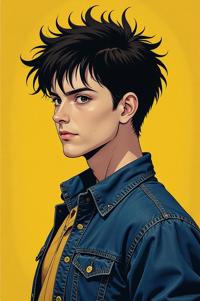 Anime style s Common Yellowthroat from Hellraiser universe, Crew Cut denim hair, spring, from above shot