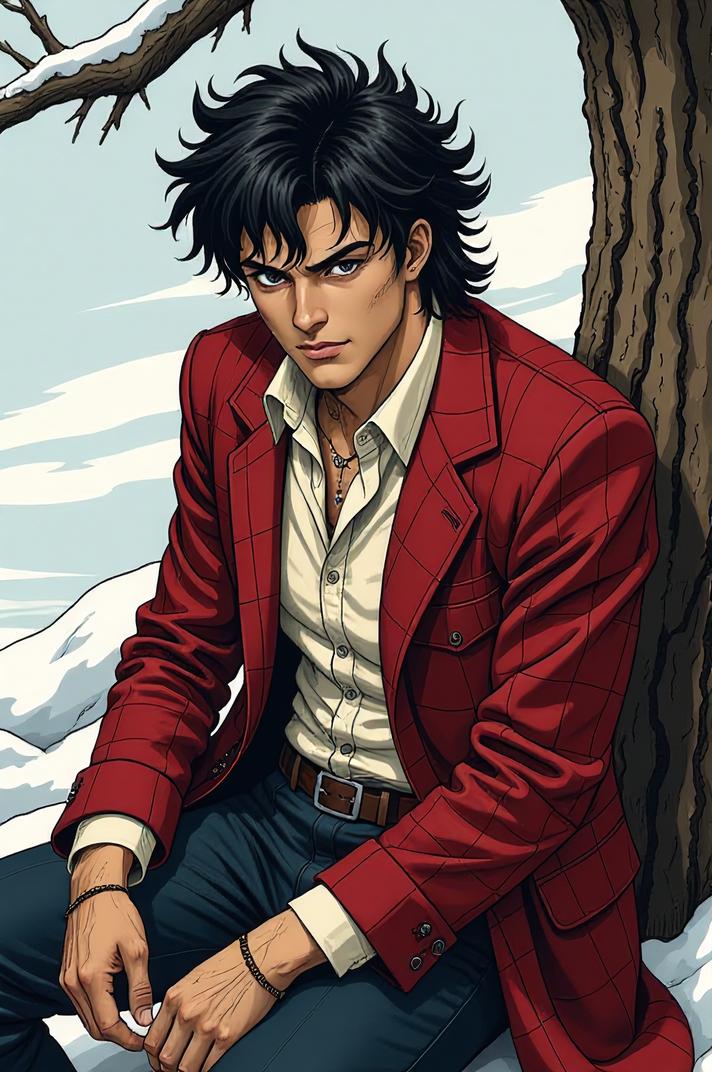 Anime style s Southern Flannel Moth from Mad Max universe, Flat Top gamboge hair, winter, from above shot