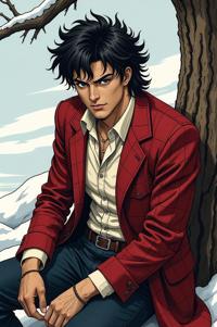Anime style s Southern Flannel Moth from Mad Max universe, Flat Top gamboge hair, winter, from above shot