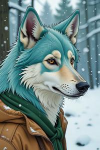 Anime style s Irish WolfHound from Avatar universe, Grungey Behind Ears turquoise hair, winter, full body shot