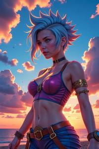 anime style masterpiece,best quality , Mohawk Short prussian blue hair, summer