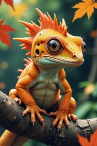 Anime style s Crested Gecko from Star Wars universe, Spikes tomato hair, autumn, expressions shot