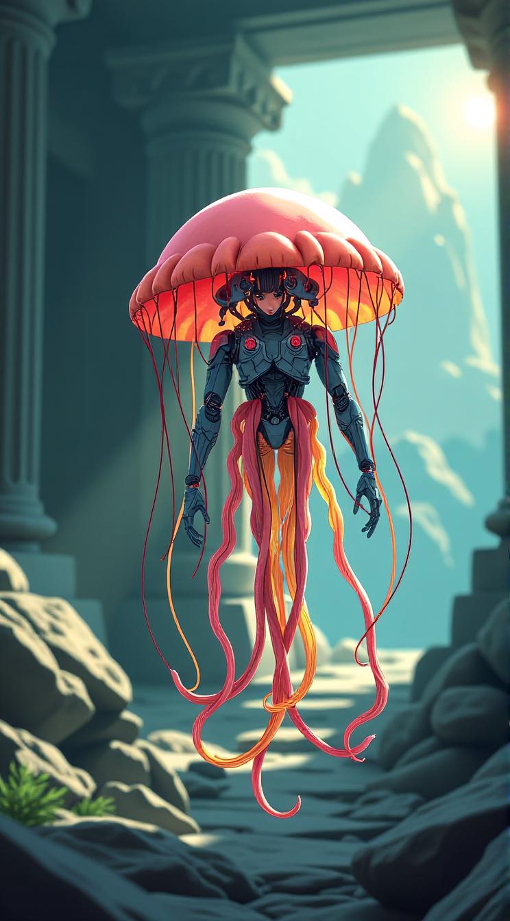 sci fi, art by Tsutomu Nihei H R Hans Ruedi Giger , digital art, robotic Jellyfish