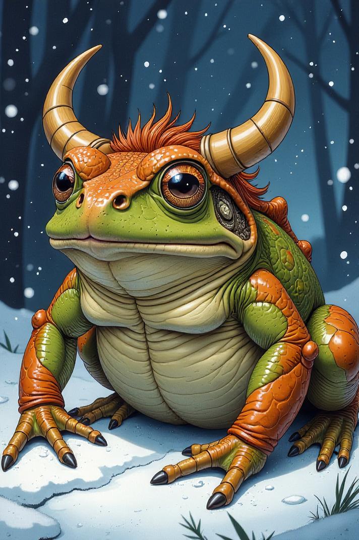 Anime style s Argentine Horned Frog from Warhammer , universe, Over Left Eye cinnamon hair, winter