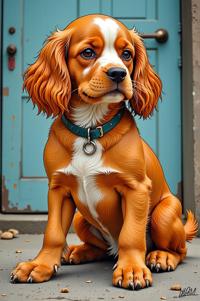 Anime style s Cocker Spaniel from DC Comics universe, Greased Back orange hair, spring, knee level shot