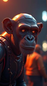 sci fi, digital art, robotic Chimpanzee, it is wearing a cybernetics
