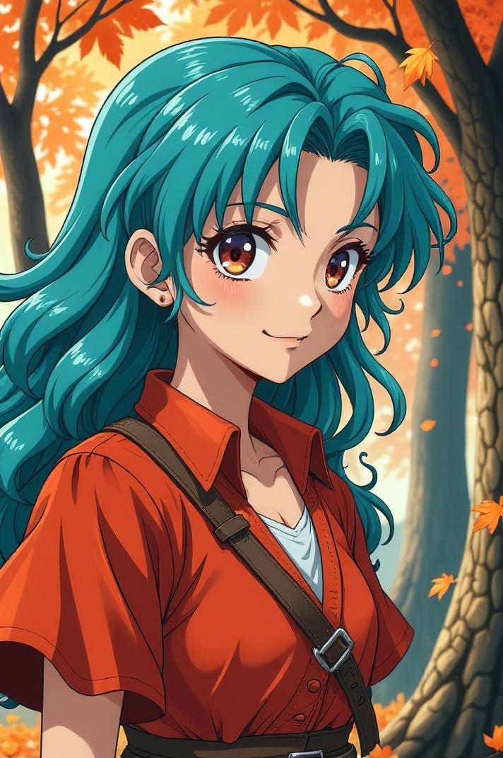 Anime style s Taimen Fish from World of warcraft universe, Mullet Curly cyan hair, autumn, expressions shot