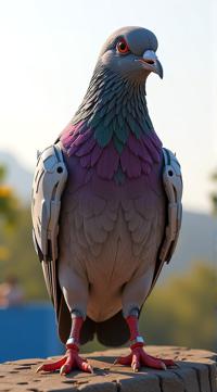 sci fi, digital art, robotic Pigeon, wearing Pocketed cybernetics