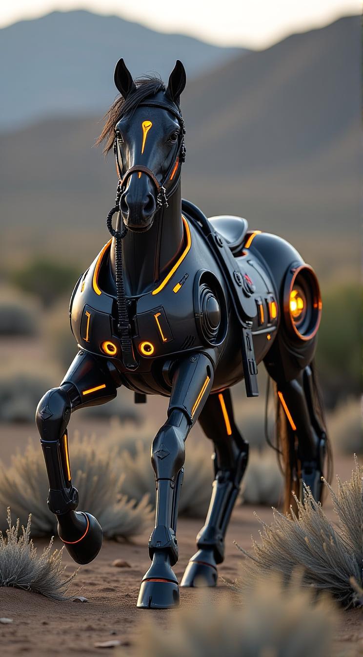 sci fi, digital art, robotic Horse, it is wearing a Qajar Art fashion style cybernetics
