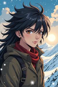 Anime style s Genet from DC Comics universe, Mullet dandelion hair, winter, aerial view shot
