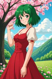 anime style masterpiece,best quality , Left Parting shamrock green hair, spring
