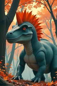 Anime style s Liopleurodon from Blade Runner universe, Mohawk Flat rust hair, autumn, from below shot