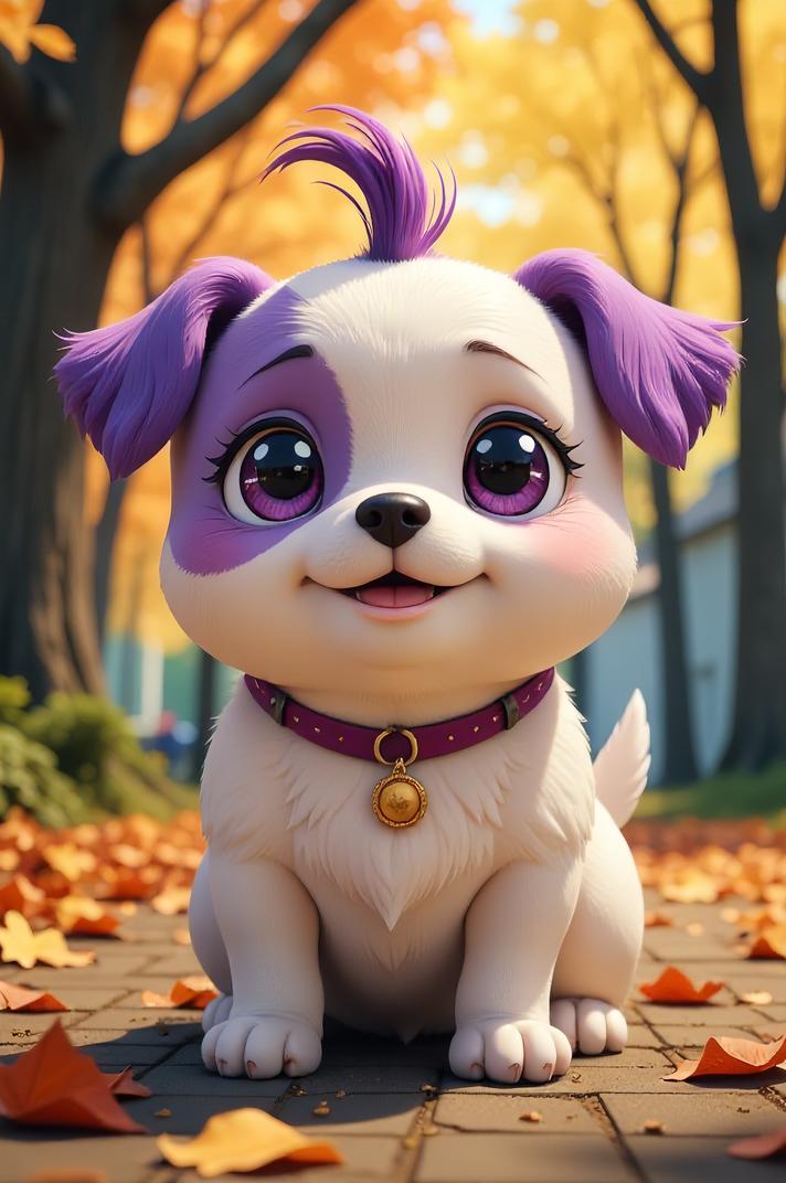 Anime style s Puggle from Pixar universe, Mohawk Flat purple hair, autumn, low angle shot