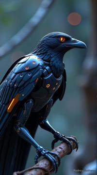 sci fi, stylized by Rodney Matthews, digital art, shot from side of a robotic Raven