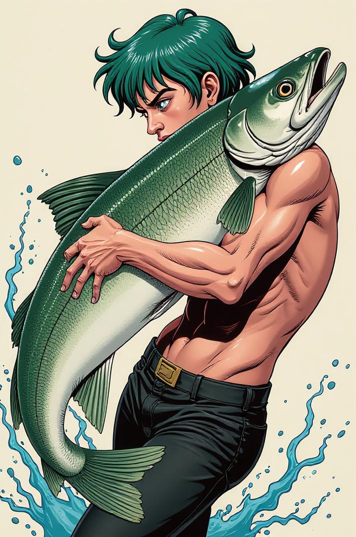 Anime style s Sockeye Salmon from DC Comics universe, Bob celadon hair, spring, Front side back three views shot