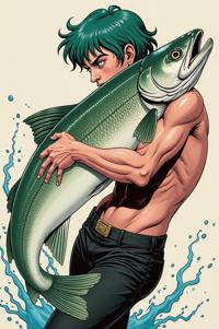Anime style s Sockeye Salmon from DC Comics universe, Bob celadon hair, spring, Front side back three views shot