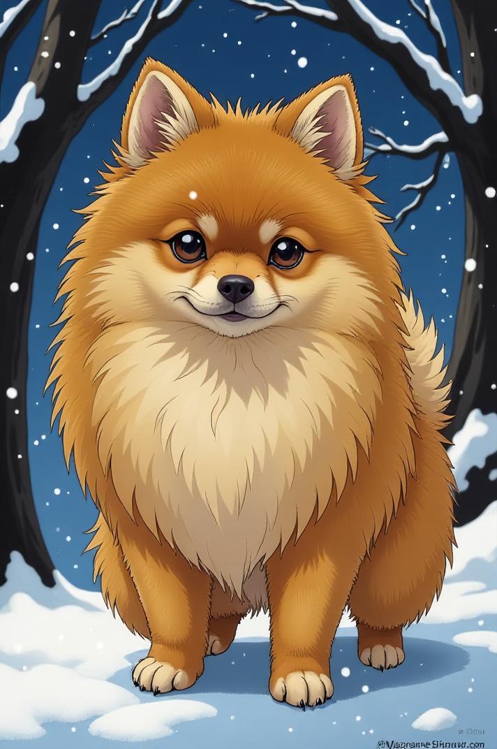 Anime style s Pomeranian from The Dark Tower universe, Bun sandy brown hair, winter, full body shot