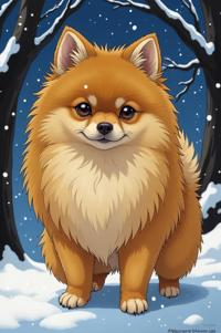 Anime style s Pomeranian from The Dark Tower universe, Bun sandy brown hair, winter, full body shot