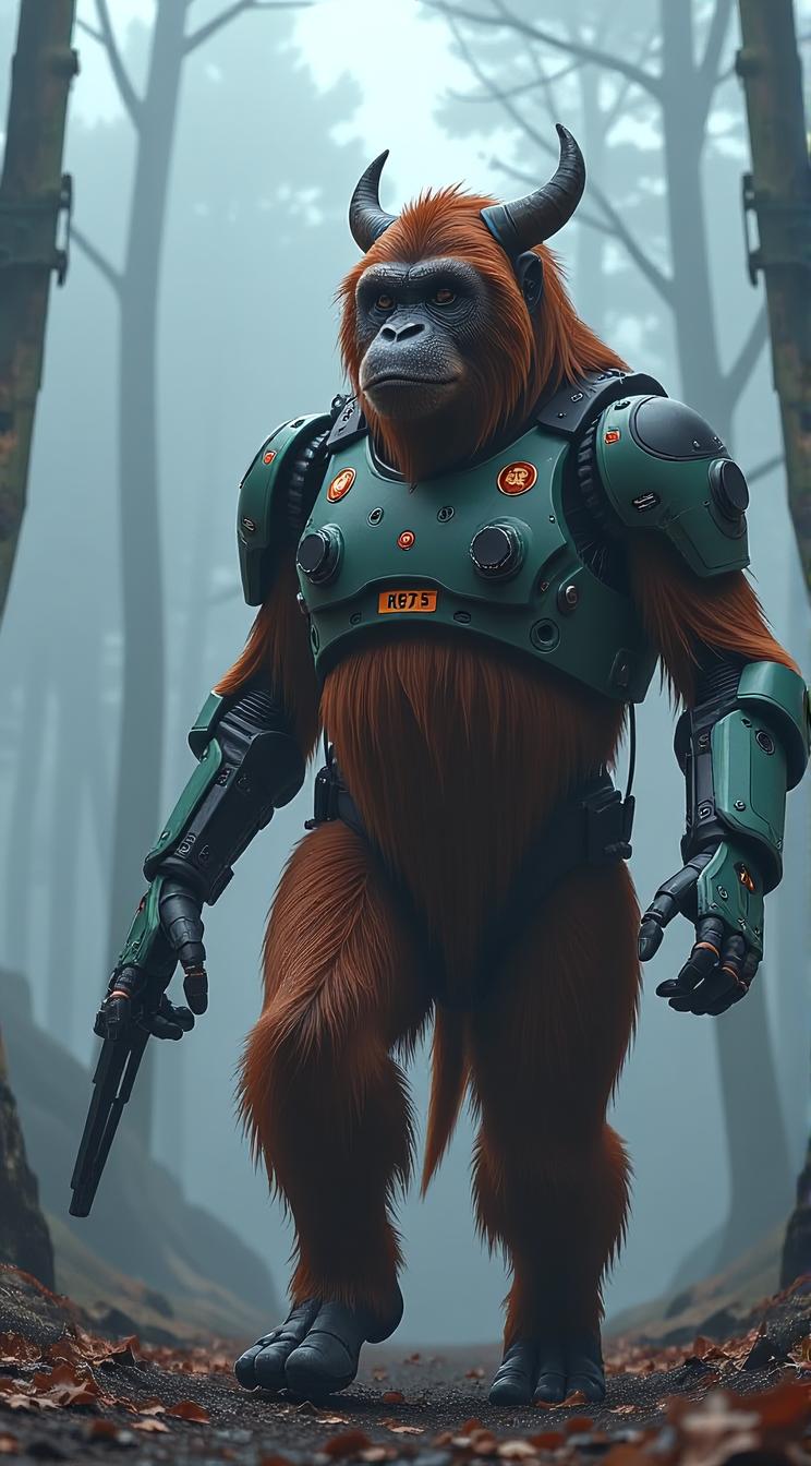 sci fi, art by Roger Dean, digital art, robotic Orangutan