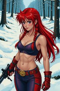 Anime style s Roadrunner from Alien universe, Longer Braids red hair, winter, high angle shot