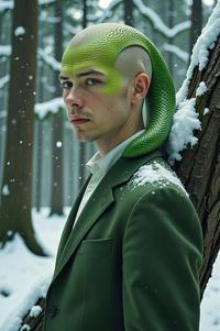 Anime style s Green Tree Python from Fifth Element universe, Bald taupe hair, winter, hip level shot
