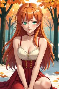 anime style masterpiece,best quality , Long orange hair, autumn