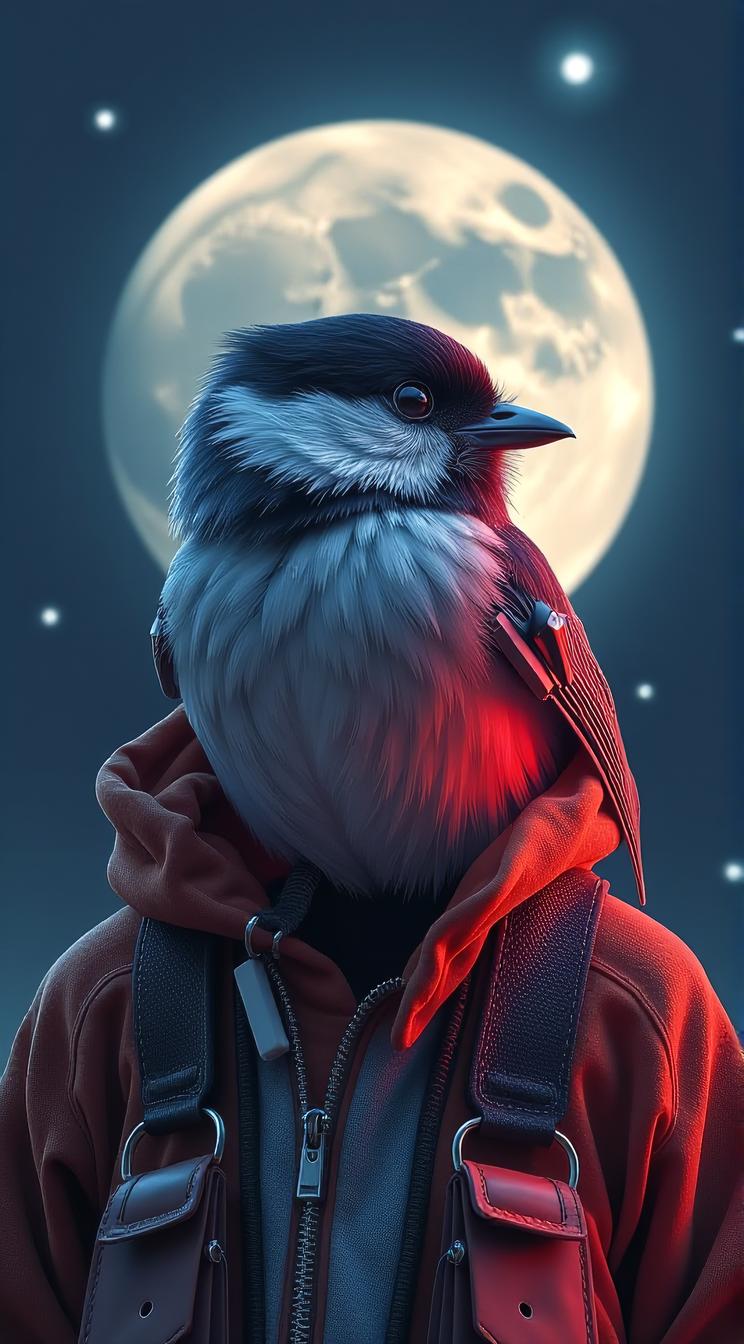 sci fi, digital art, Portrait of a robotic Chickadee, the Chickadee is wearing a Baggy cybernetics