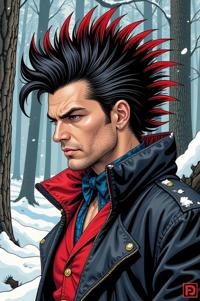 Anime style s Bark Beetle from Vertigo universe, Mohawk Fan caput mortuum hair, winter, expressions shot