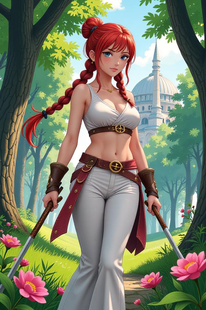 anime style masterpiece,best quality , Braids red hair, spring