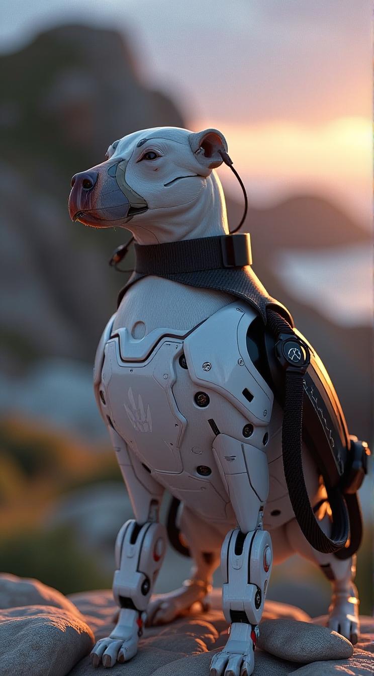 sci fi, art by Jean Sebastien Rossbach, digital art, body shot of a robotic Puffin Australian Cattle Dog