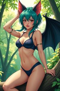 Anime style s Mexican Free Tailed Bat from Band of Brothers universe, Pulled Back teal hair, summer, knee level shot