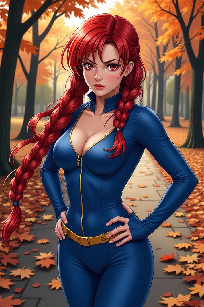 anime style masterpiece,best quality , Long Braids red hair, autumn