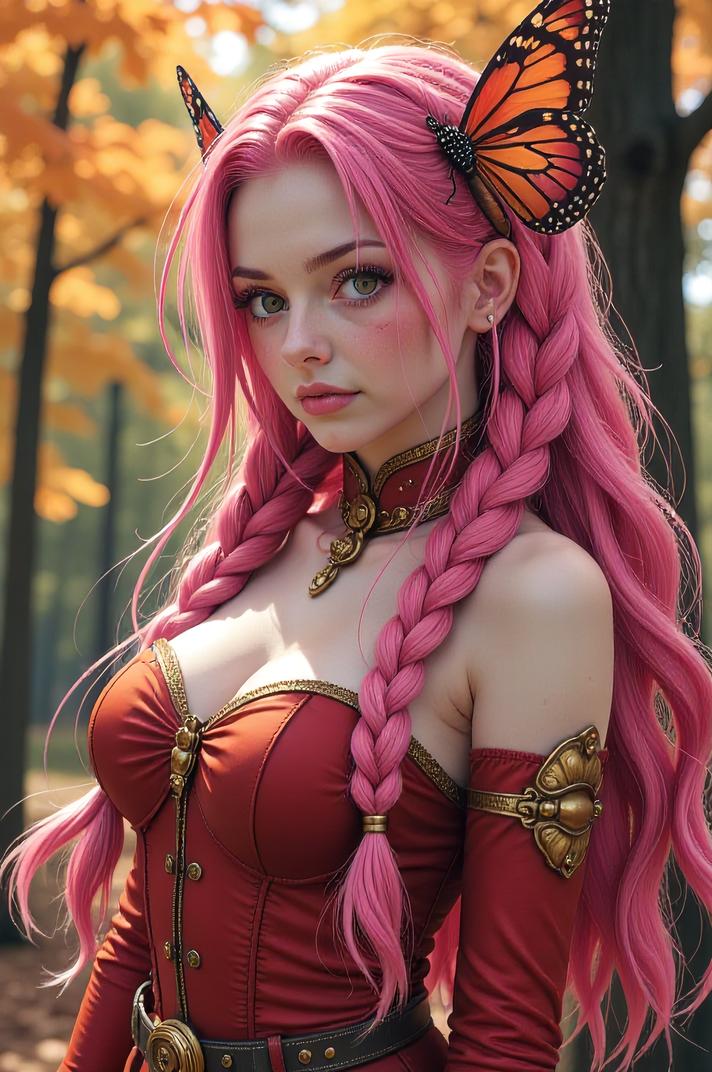 Anime style s Fritillary Butterfly from Warhammer , universe, Long Braids shocking pink hair, autumn