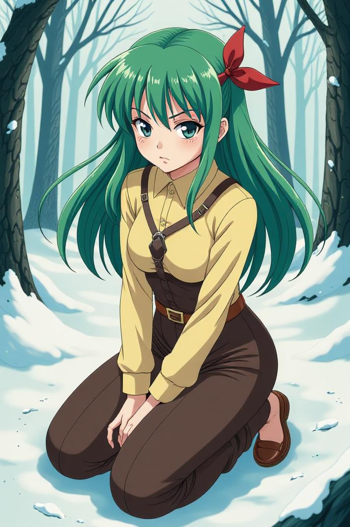 anime style masterpiece,best quality , Long fern green hair, winter