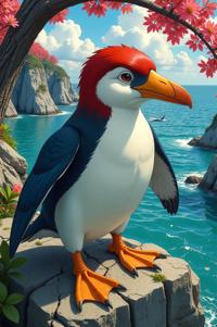 Anime style s Galapagos Penguin from Marvel universe, Crew Cut red hair, spring, aerial view shot