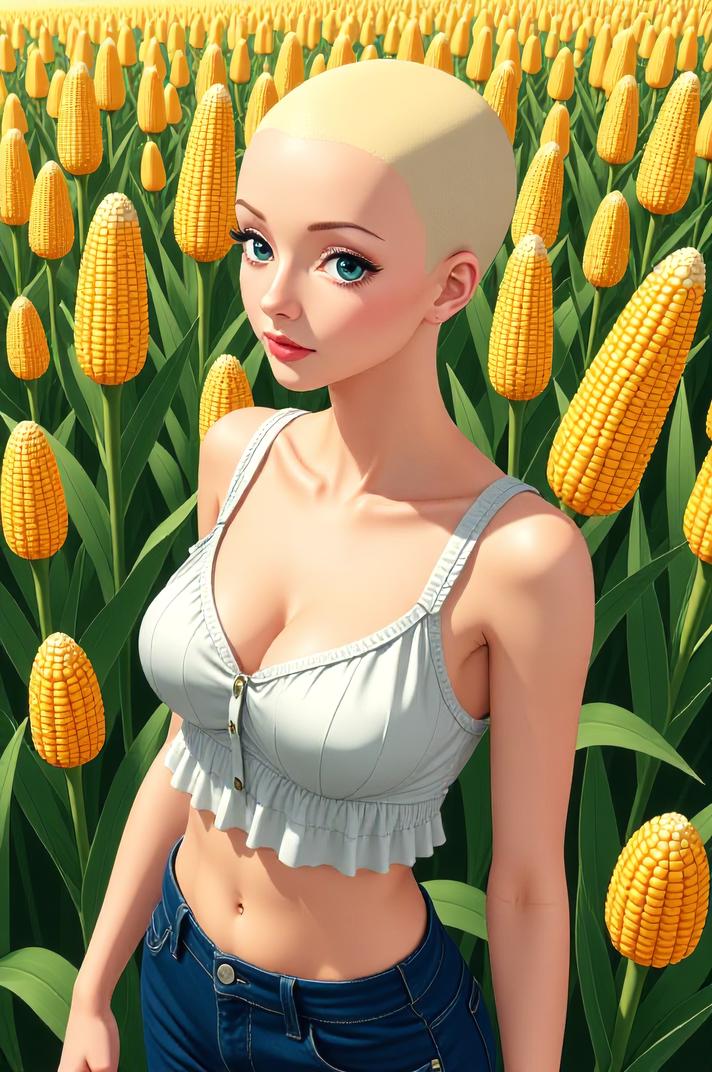 anime style masterpiece,best quality , Bald corn hair, spring