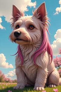 Anime style s Cesky Terrier from Mass Effect universe, Grungey Long misty rose hair, spring, low angle shot